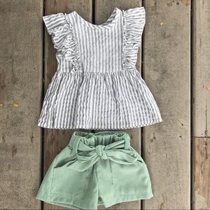 Mint Corduroy Shorts with Striped Shirt